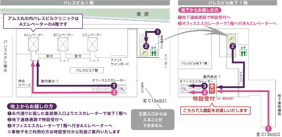 土・祝日ご受診の方 パレスビルへの経路